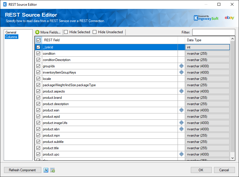 SSIS eBay REST Source - Columns